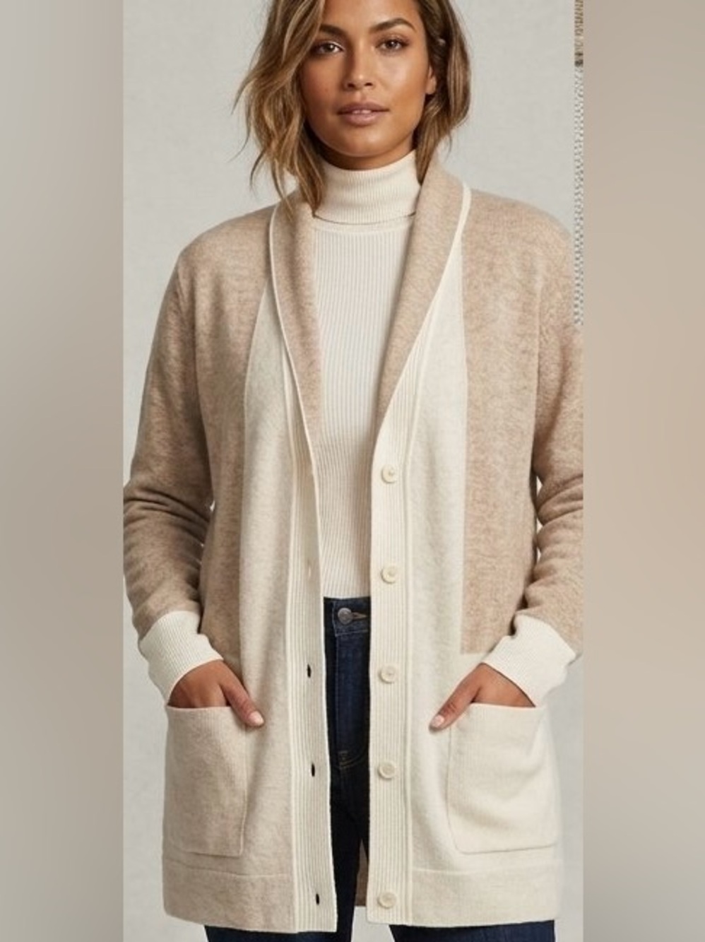 Bartolini Italy Wool Cashmere Colorblock Open Front Duster Cardigan Neutral XL